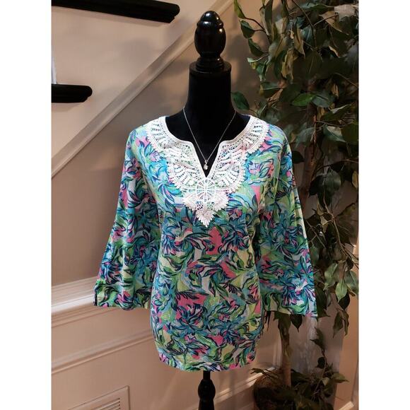 Alfred Dunner Top Women L Multicolor V-Neck Floral Cotton Tunic Blouse - Picture 1 of 13